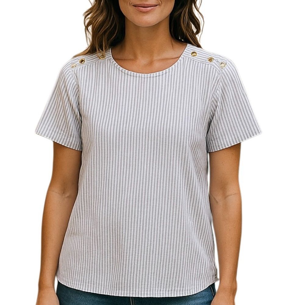 J. Crew Factory Short Sleeve Blouse Gold Button Detail NWT Pinstripe SZ Large